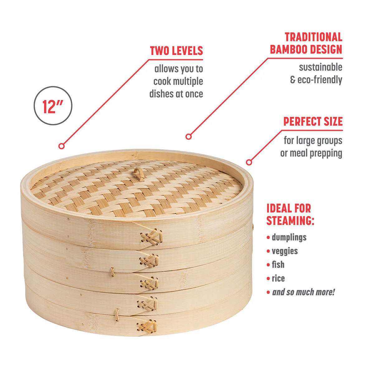 12'' 2-Tier Bamboo Steamer Baskets - Image 10