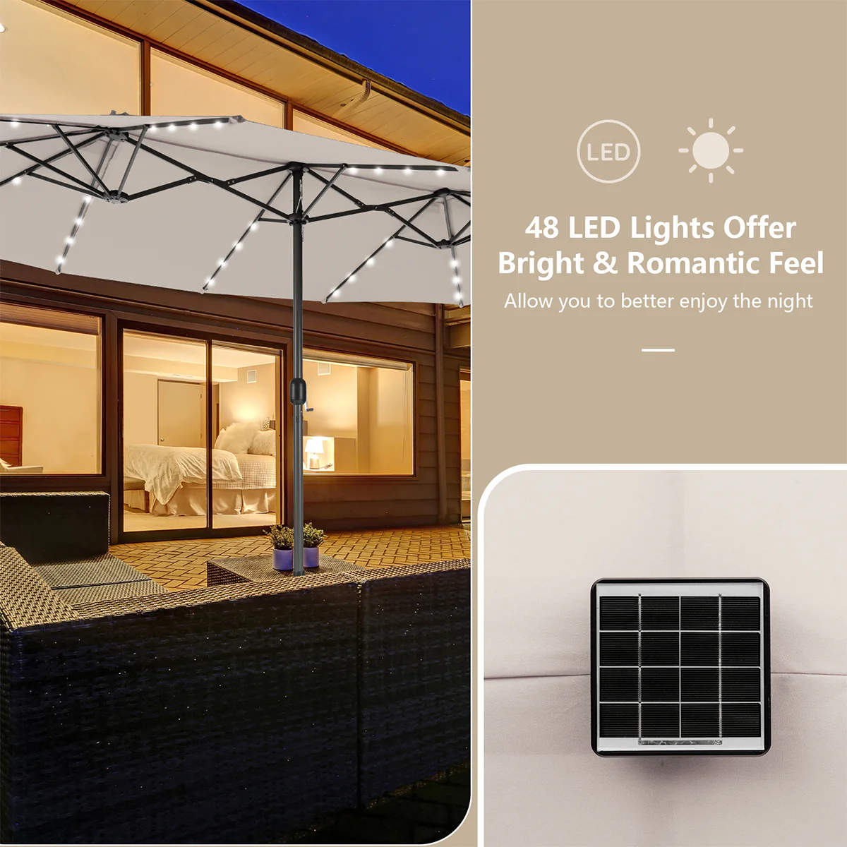 15' Double-Sided Patio Umbrella with Solar Powered LED Lights - Image 10