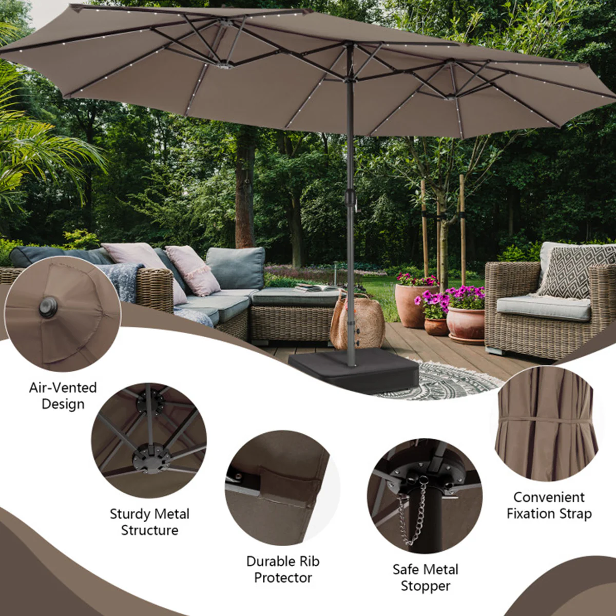 15' Double-Sided Patio Umbrella with Solar Powered LED Lights - Image 12