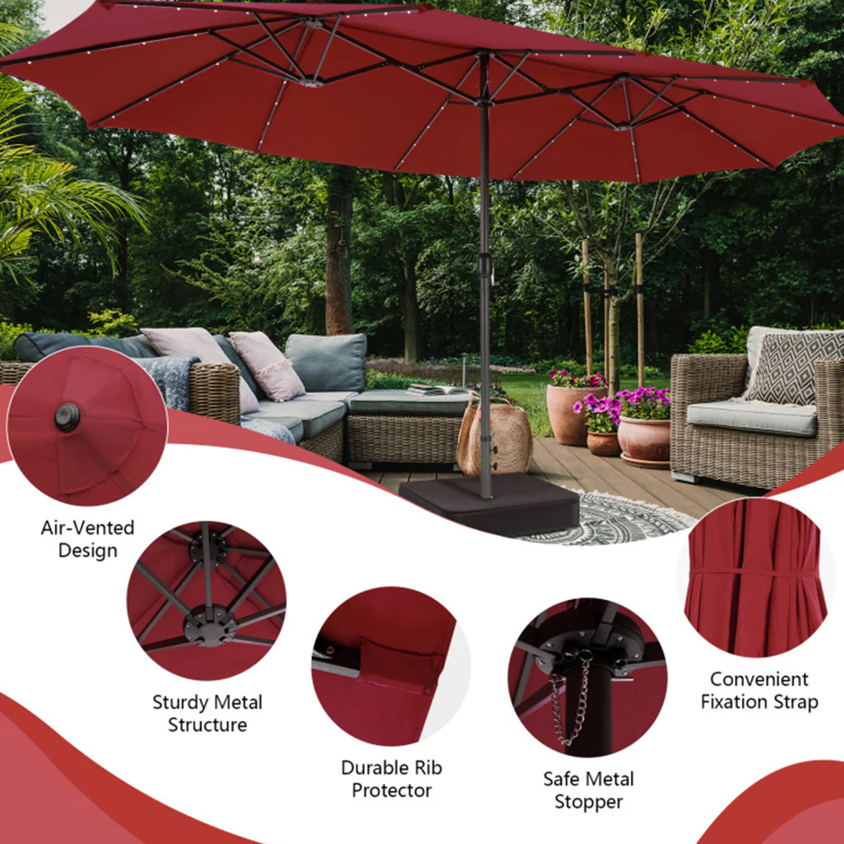 15' Double-Sided Patio Umbrella with Solar Powered LED Lights - Image 25
