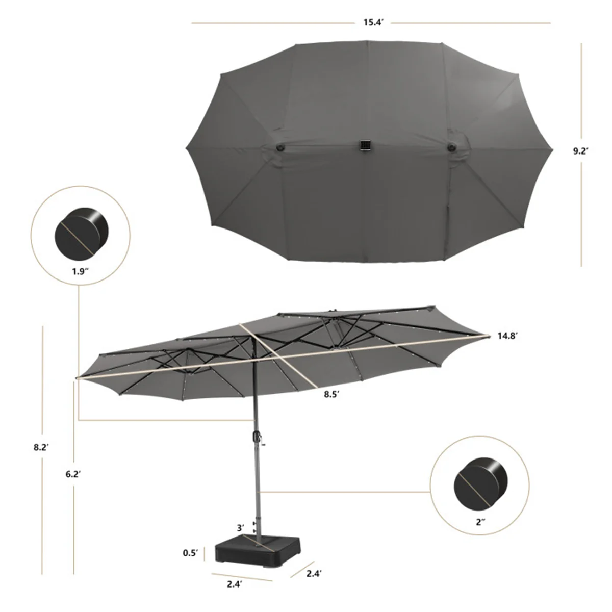 15' Double-Sided Patio Umbrella with Solar Powered LED Lights - Image 36