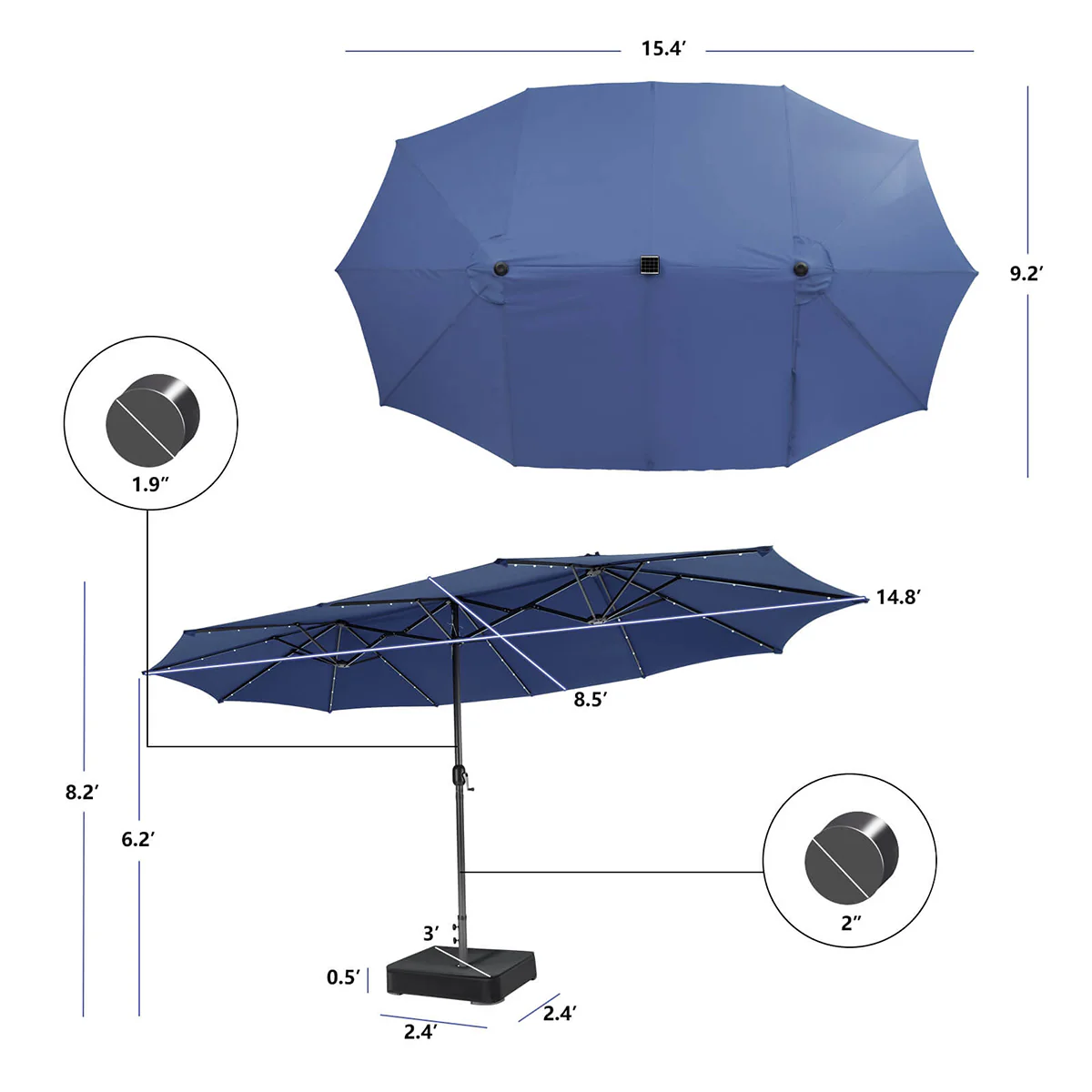 15' Double-Sided Patio Umbrella with Solar Powered LED Lights - Image 39
