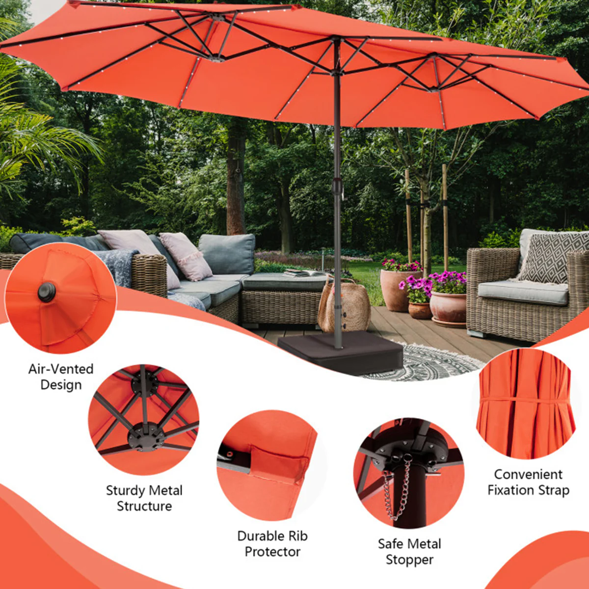 15' Double-Sided Patio Umbrella with Solar Powered LED Lights - Image 49