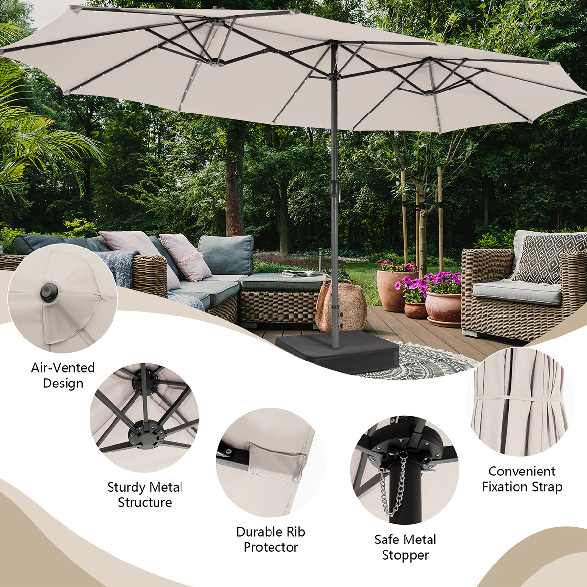 15' Double-Sided Patio Umbrella with Solar Powered LED Lights - Image 7