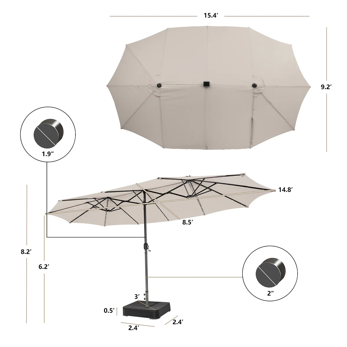 15' Double-Sided Patio Umbrella with Solar Powered LED Lights - Image 9