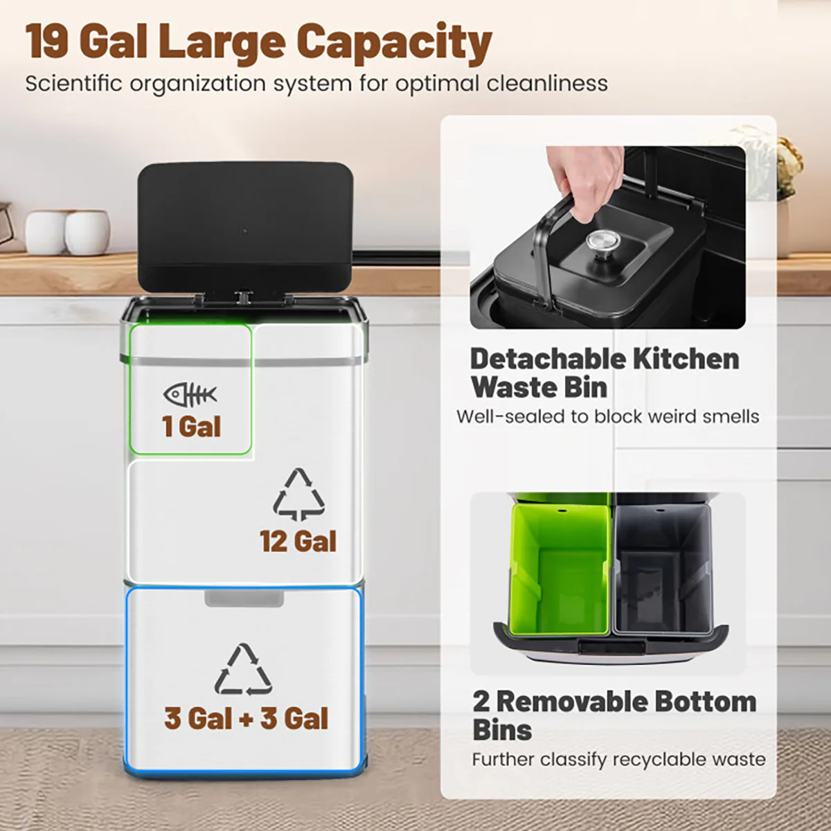 19 Gallon Quad Compartment Touchless Motion Sensor Trash Can - Image 7