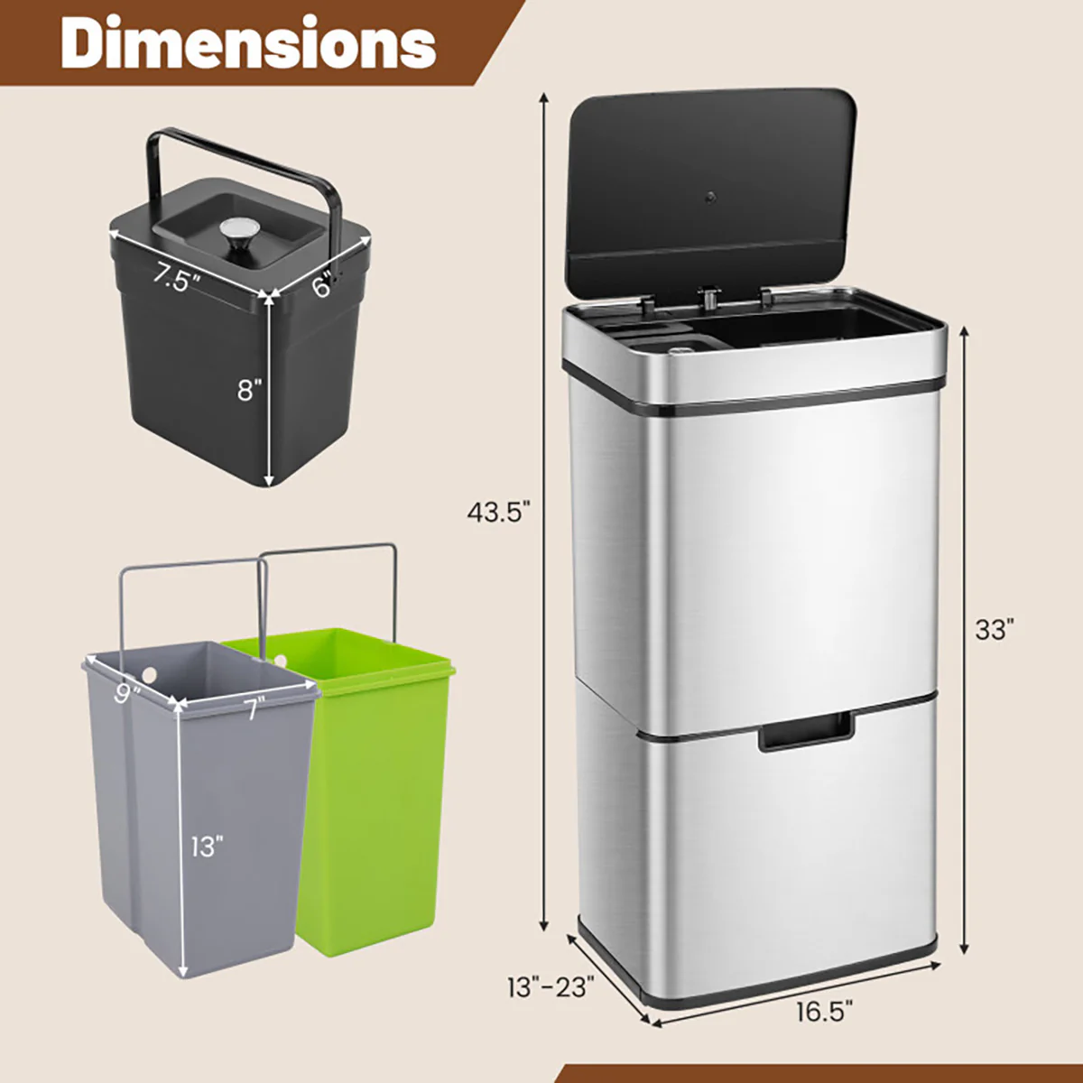 19 Gallon Quad Compartment Touchless Motion Sensor Trash Can - Image 9
