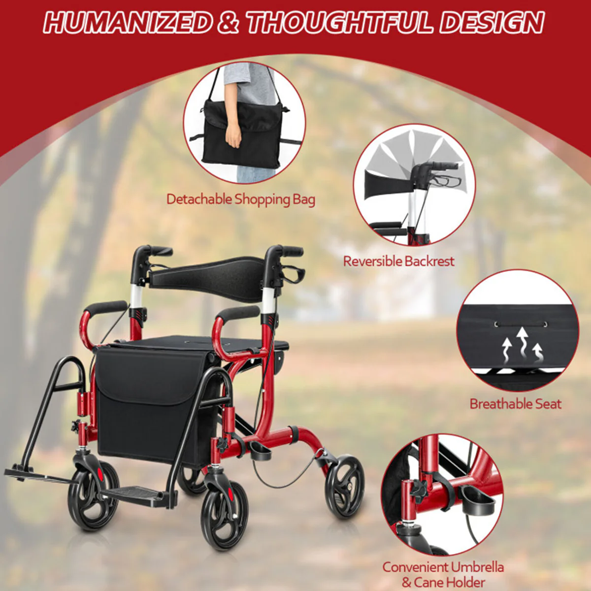 2-in-1 Folding Rollator Walker Transport Wheelchair - Image 7