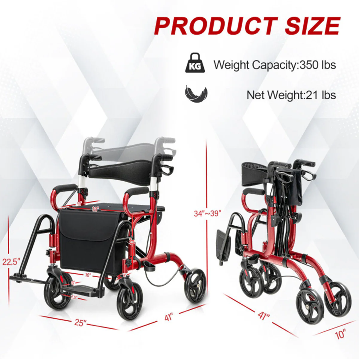 2-in-1 Folding Rollator Walker Transport Wheelchair - Image 9