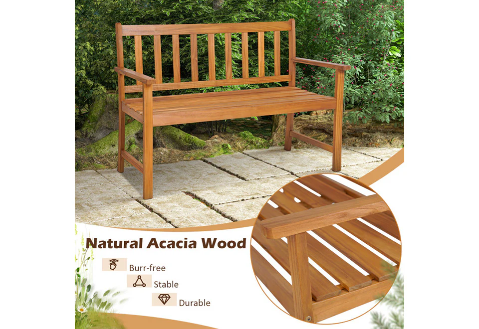 2-Person Outdoor Acacia Wood Bench with Backrest - Image 4