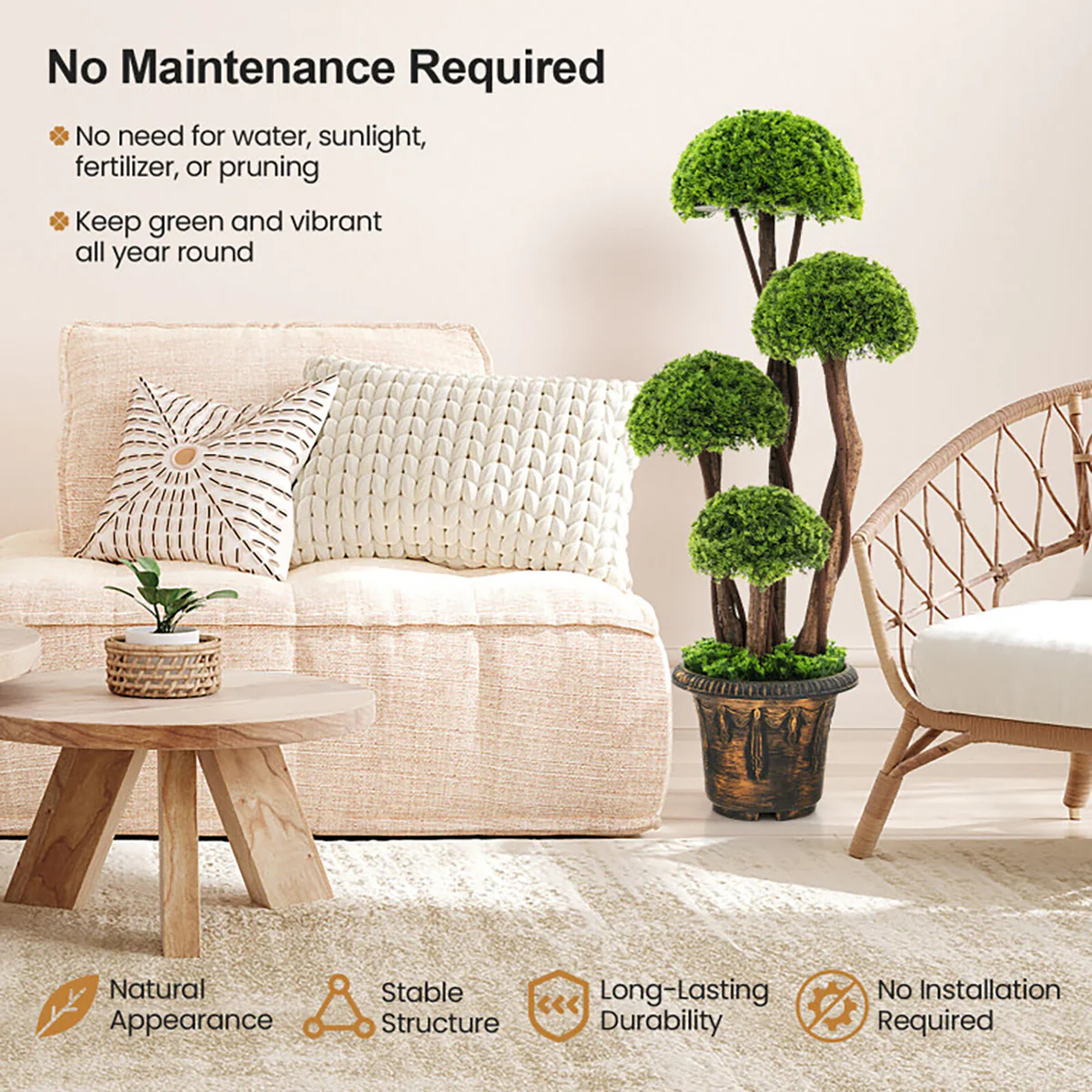 3' Artificial Cedar Topiary Tree with Rattan Trunk - Image 8