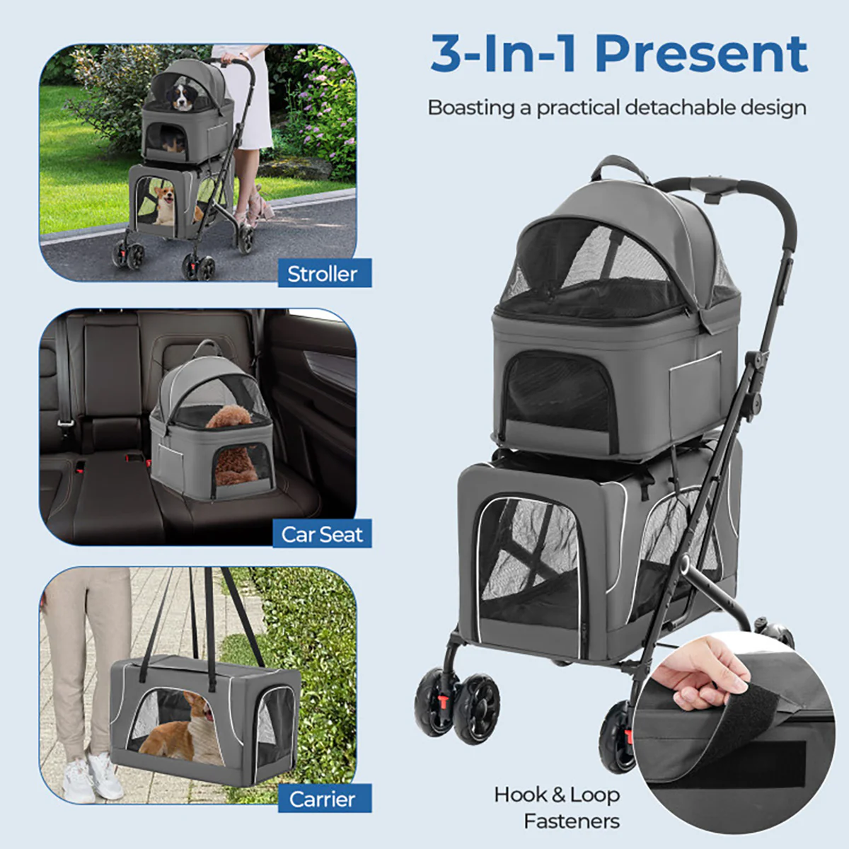 3-in-1 Foldable Double Pet Stroller with Detachable Carriers - Image 16