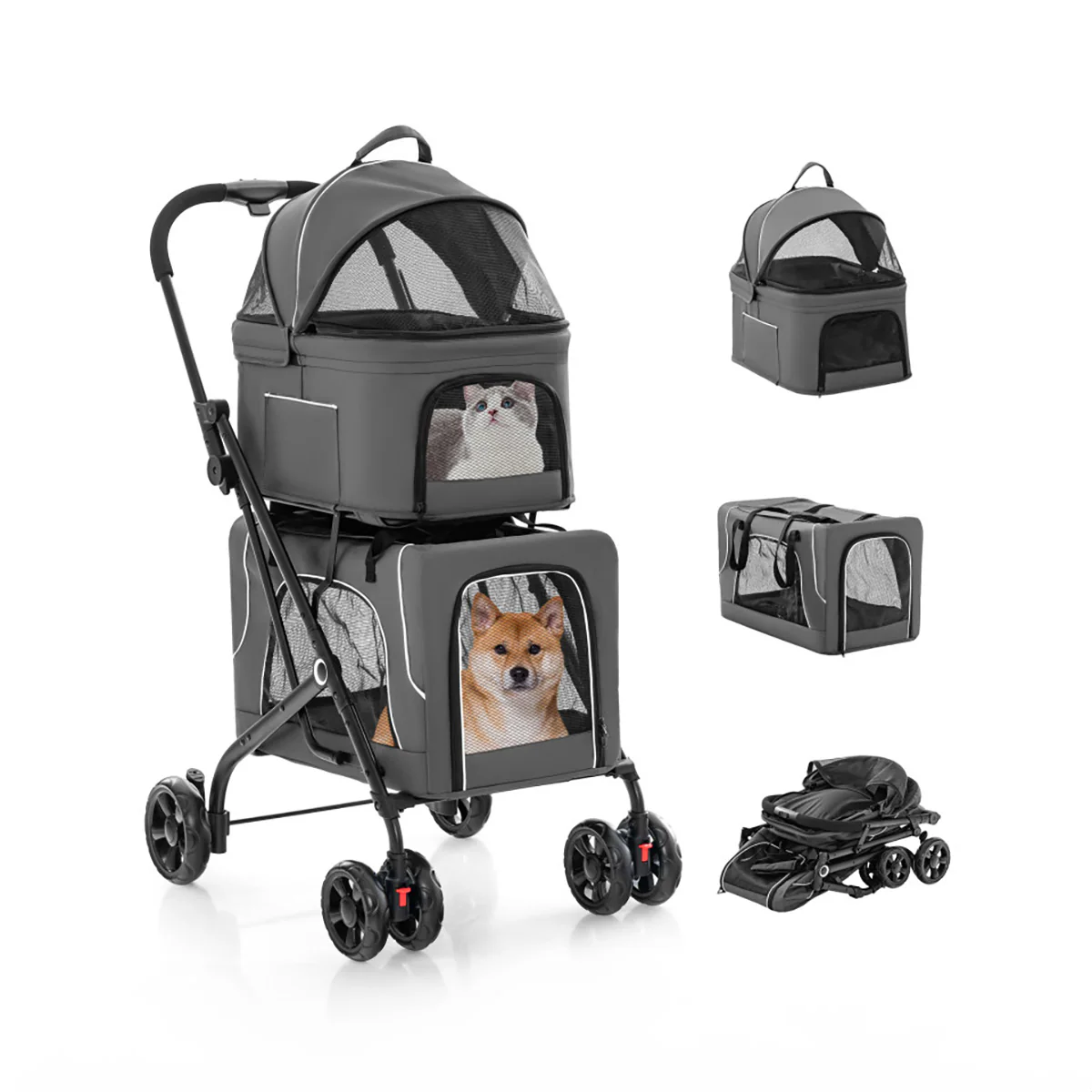 3-in-1 Foldable Double Pet Stroller with Detachable Carriers - Image 2
