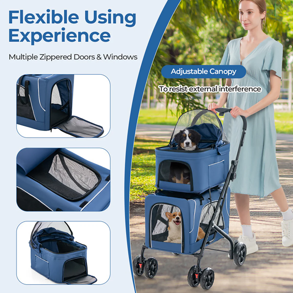 3-in-1 Foldable Double Pet Stroller with Detachable Carriers - Image 4