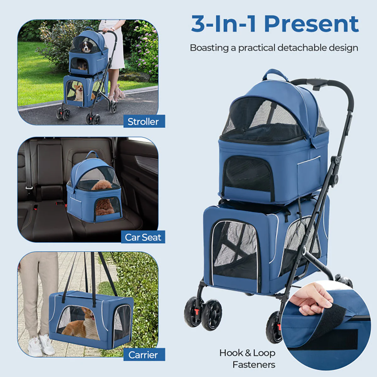 3-in-1 Foldable Double Pet Stroller with Detachable Carriers - Image 5