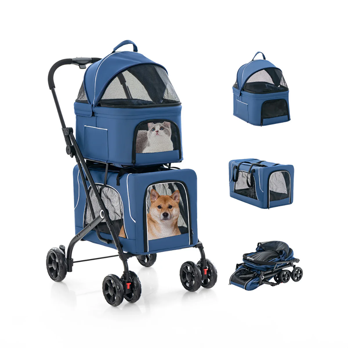 3-in-1 Foldable Double Pet Stroller with Detachable Carriers - Image 7
