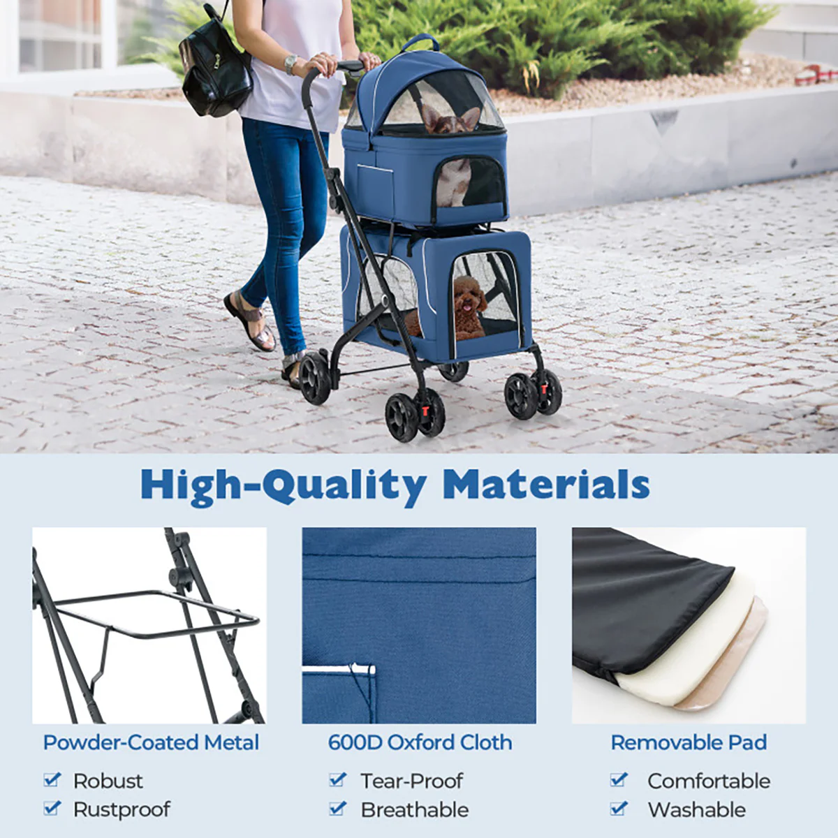 3-in-1 Foldable Double Pet Stroller with Detachable Carriers - Image 9