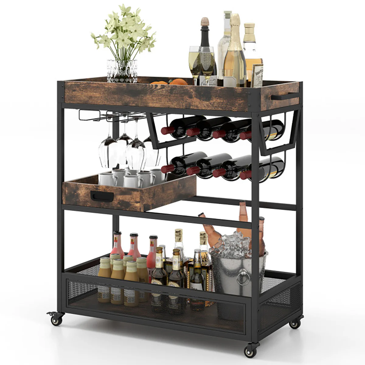 3-Tier Industrial Buffet Serving Cart with Wine Rack - Image 10