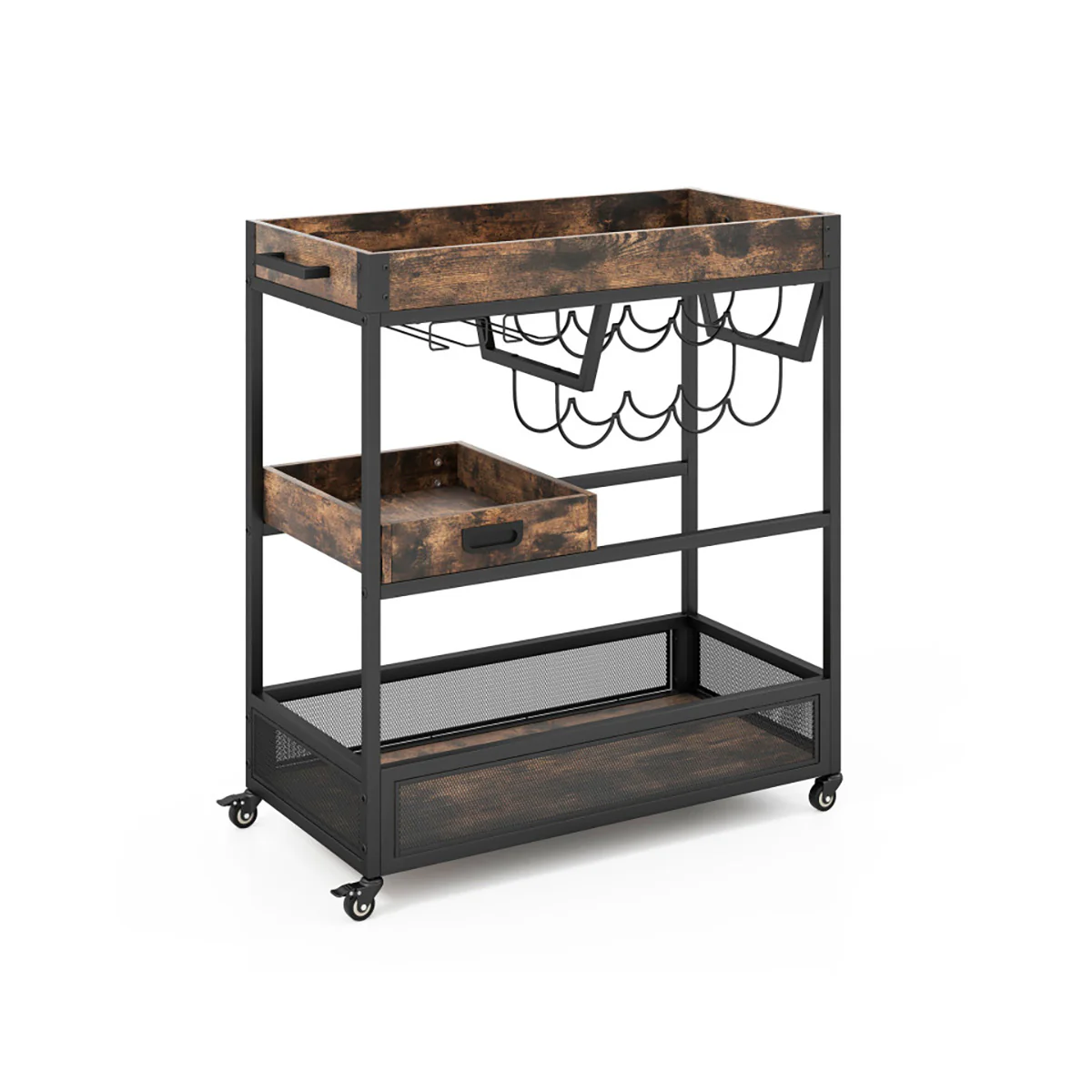 3-Tier Industrial Buffet Serving Cart with Wine Rack - Image 2