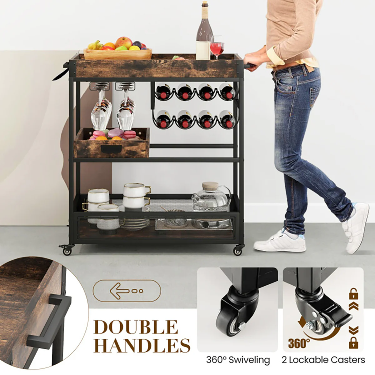 3-Tier Industrial Buffet Serving Cart with Wine Rack - Image 4