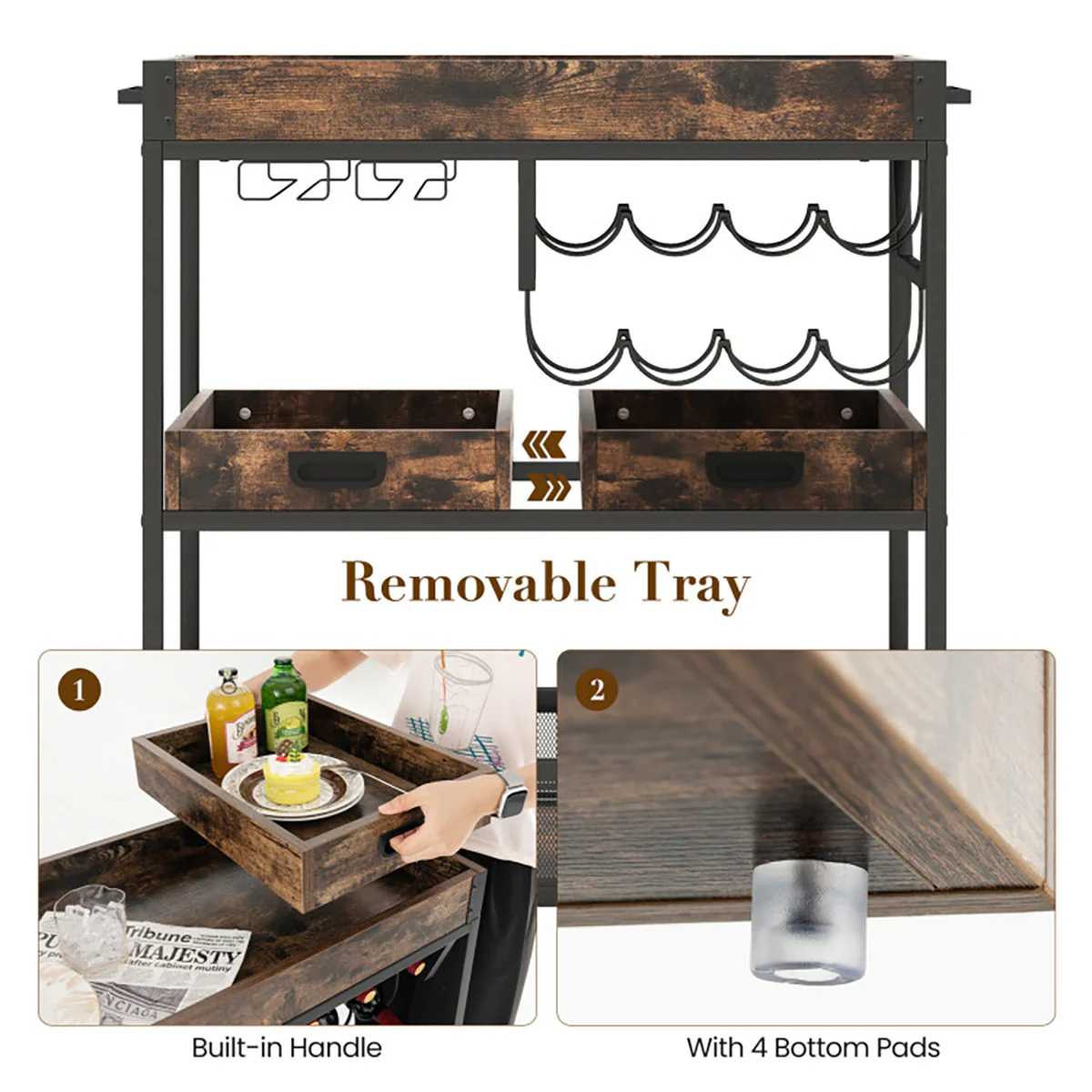 3-Tier Industrial Buffet Serving Cart with Wine Rack - Image 5