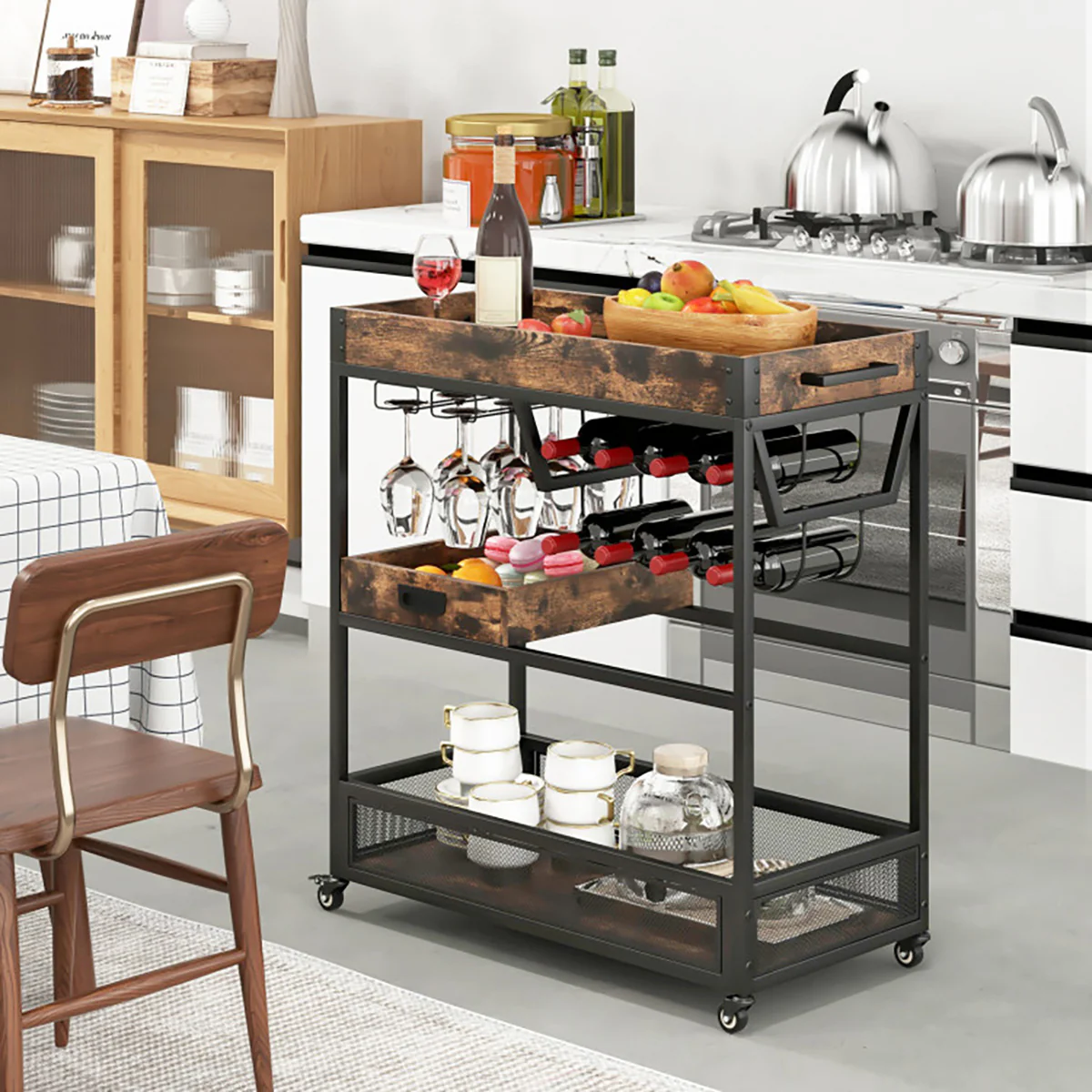 3-Tier Industrial Buffet Serving Cart with Wine Rack - Image 9
