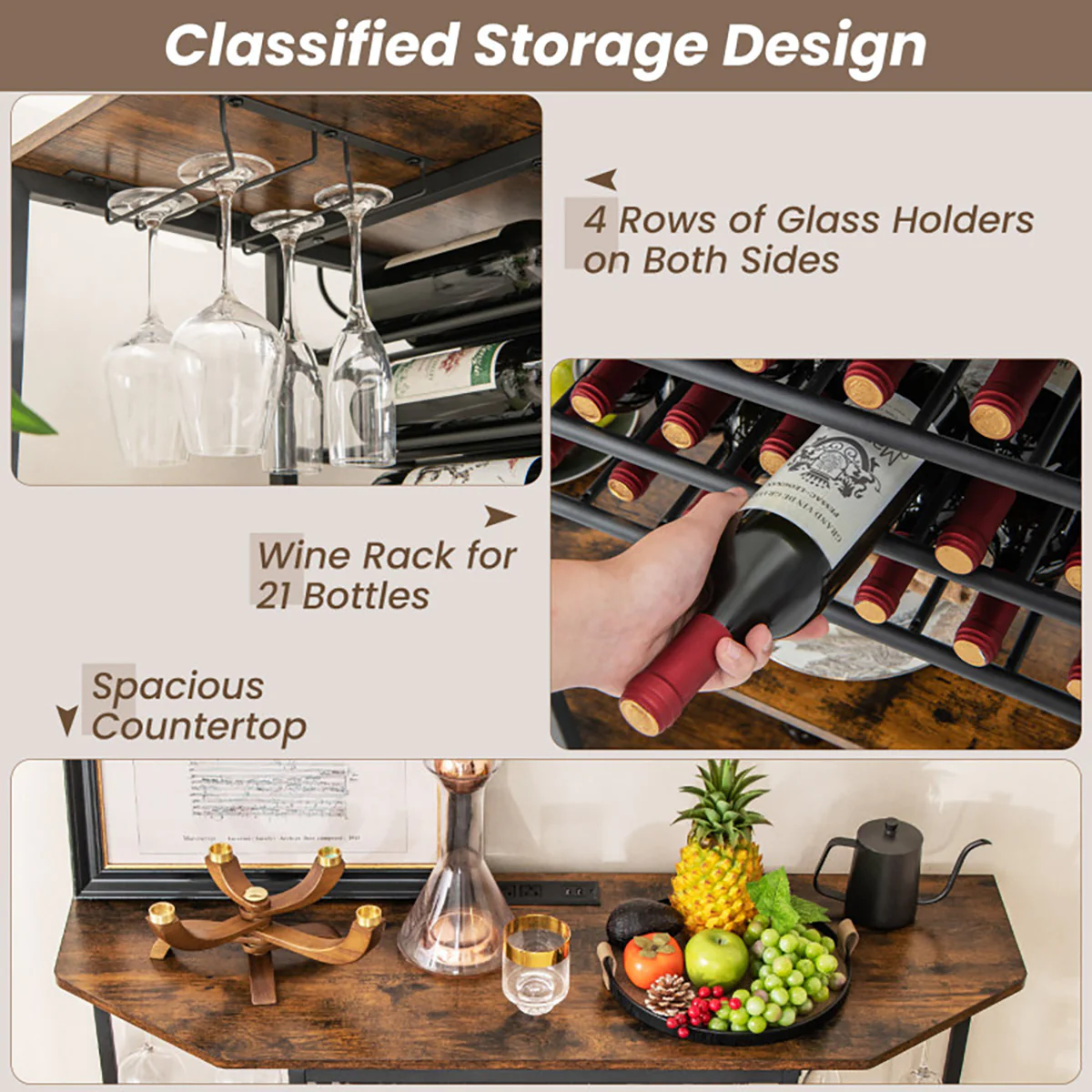 3-Tier Wine Bar Cabinet with Storage Shelves - Image 4