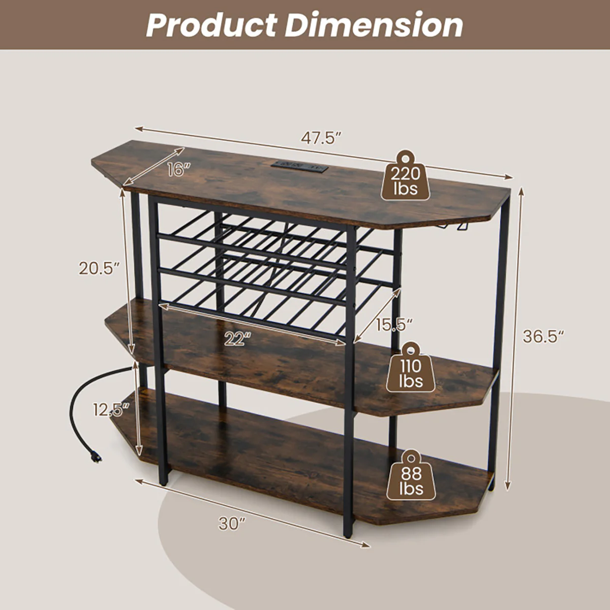 3-Tier Wine Bar Cabinet with Storage Shelves - Image 7