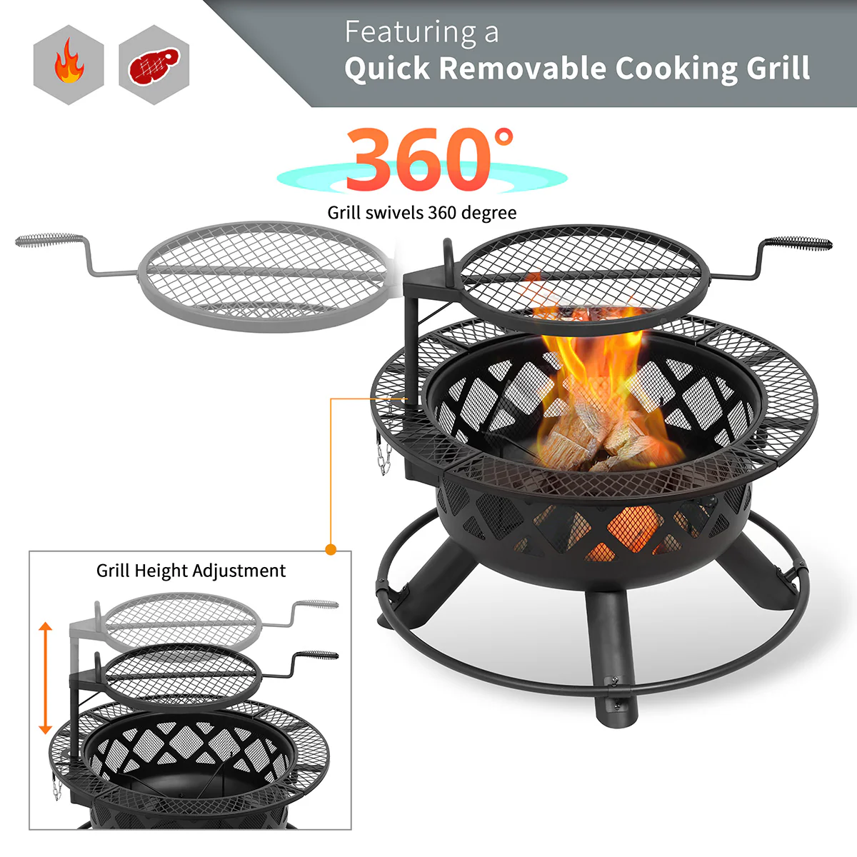 32'' Wood-Burning Fire Pit with Cooking Grill - Image 6