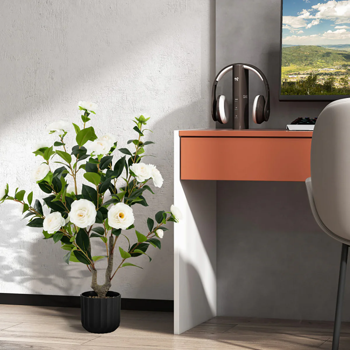 38'' Artificial Camellia Flower Trees with Cement Pot (Set of 2) - Image 21