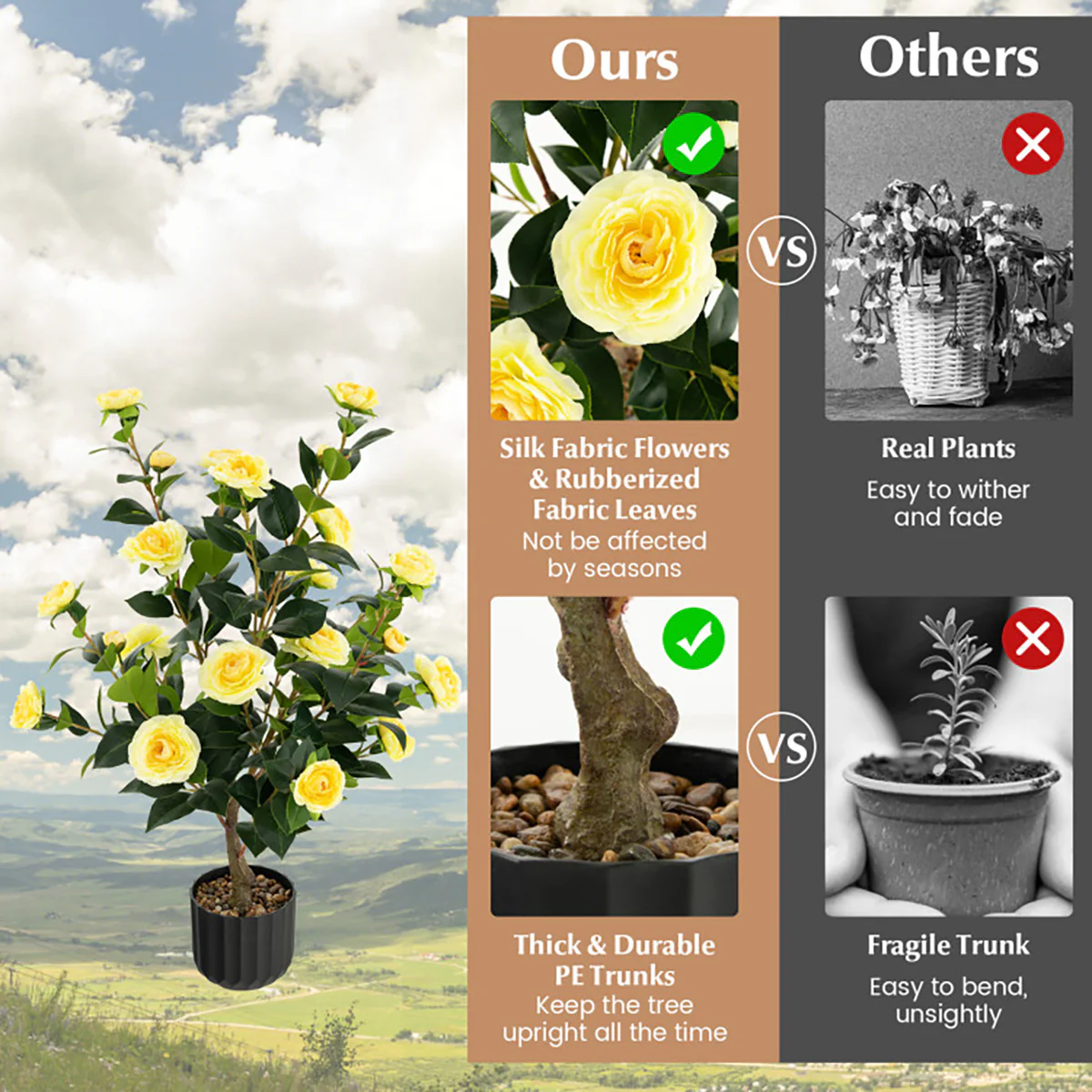 38'' Artificial Camellia Flower Trees with Cement Pot (Set of 2) - Image 5