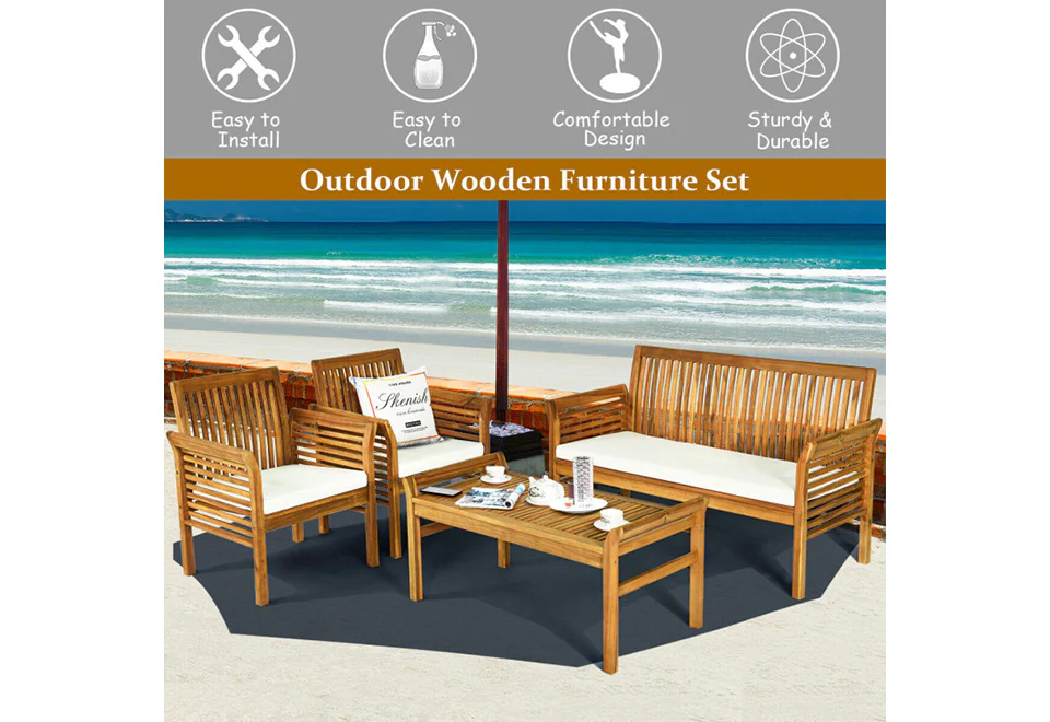 4-Piece Outdoor Acacia Wood Sofa Furniture Set - Image 5
