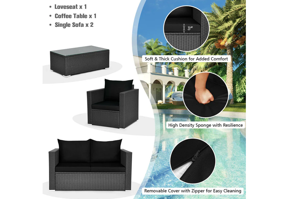 4-Piece Rattan Conversation Patio Set with Padded Cushion - Image 6
