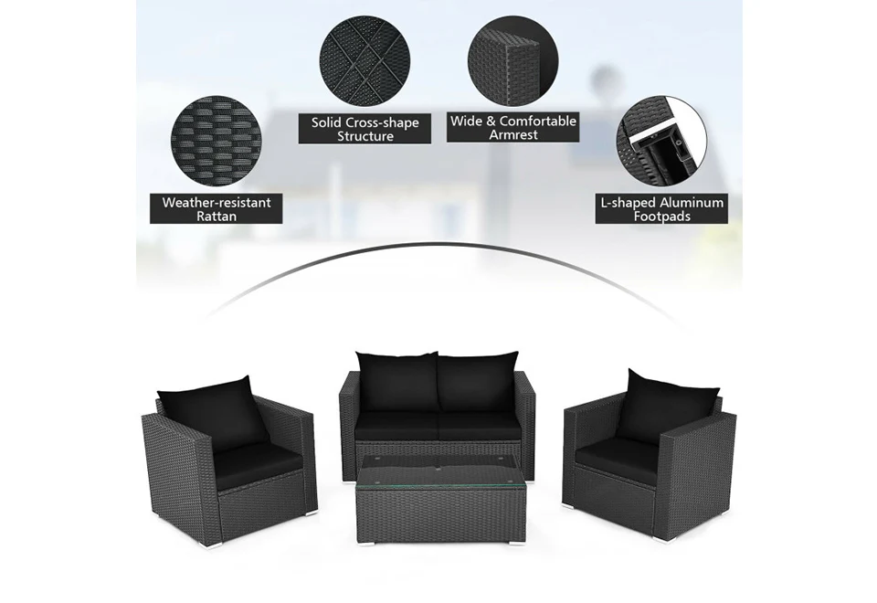 4-Piece Rattan Conversation Patio Set with Padded Cushion - Image 7