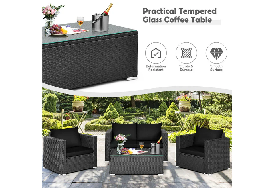 4-Piece Rattan Conversation Patio Set with Padded Cushion - Image 8