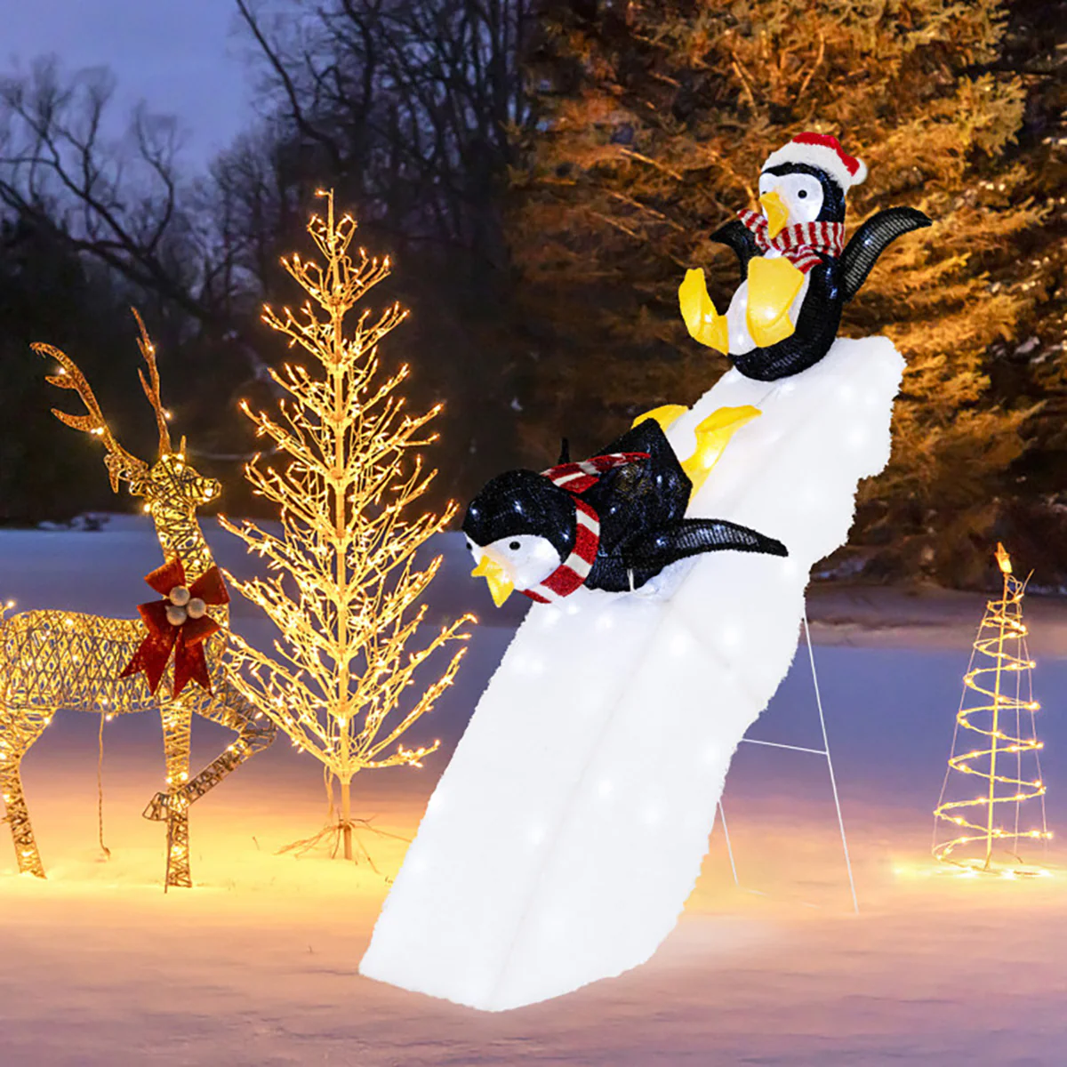 4' Pre-Lit Christmas Penguin Ice Skating Decor with Snowy Slide