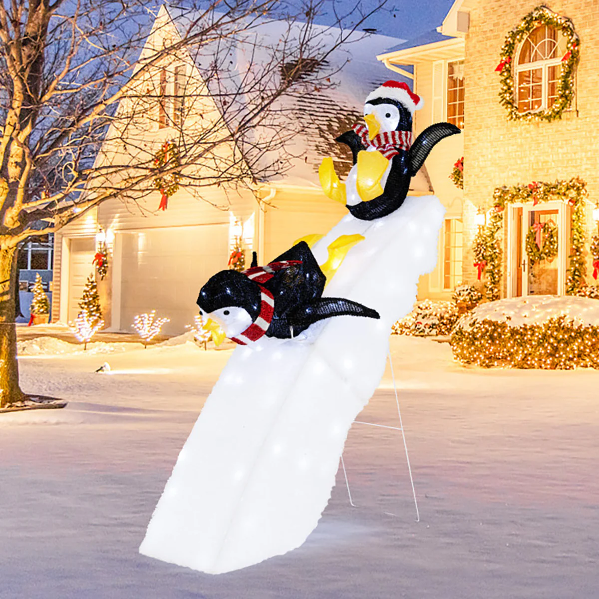 4' Pre-Lit Christmas Penguin Ice Skating Decor with Snowy Slide - Image 10