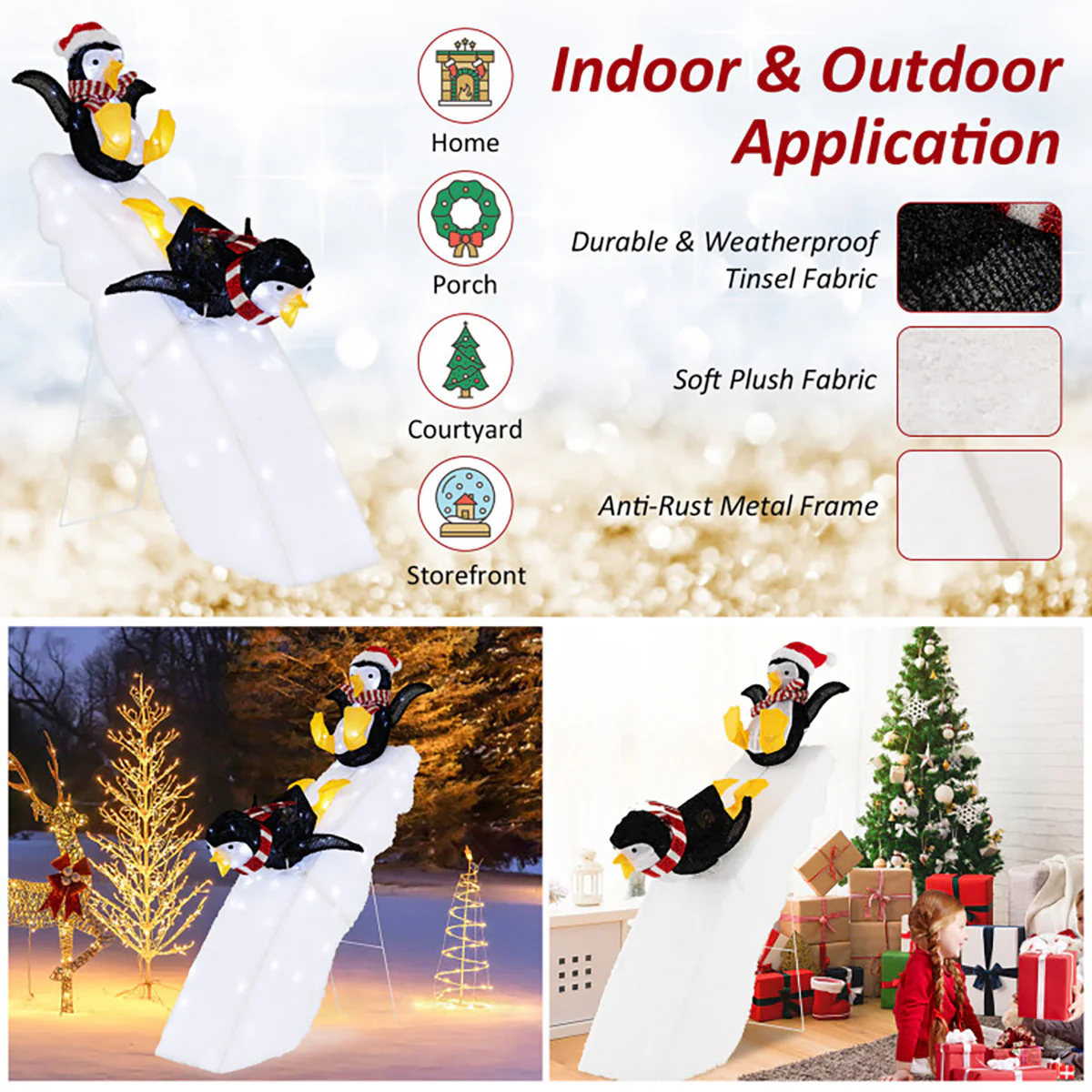 4' Pre-Lit Christmas Penguin Ice Skating Decor with Snowy Slide - Image 3