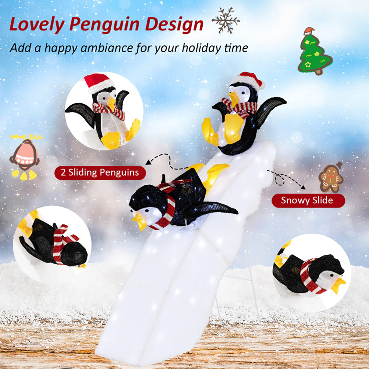 4' Pre-Lit Christmas Penguin Ice Skating Decor with Snowy Slide - Image 4