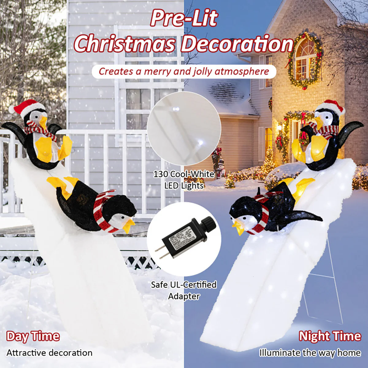 4' Pre-Lit Christmas Penguin Ice Skating Decor with Snowy Slide - Image 5