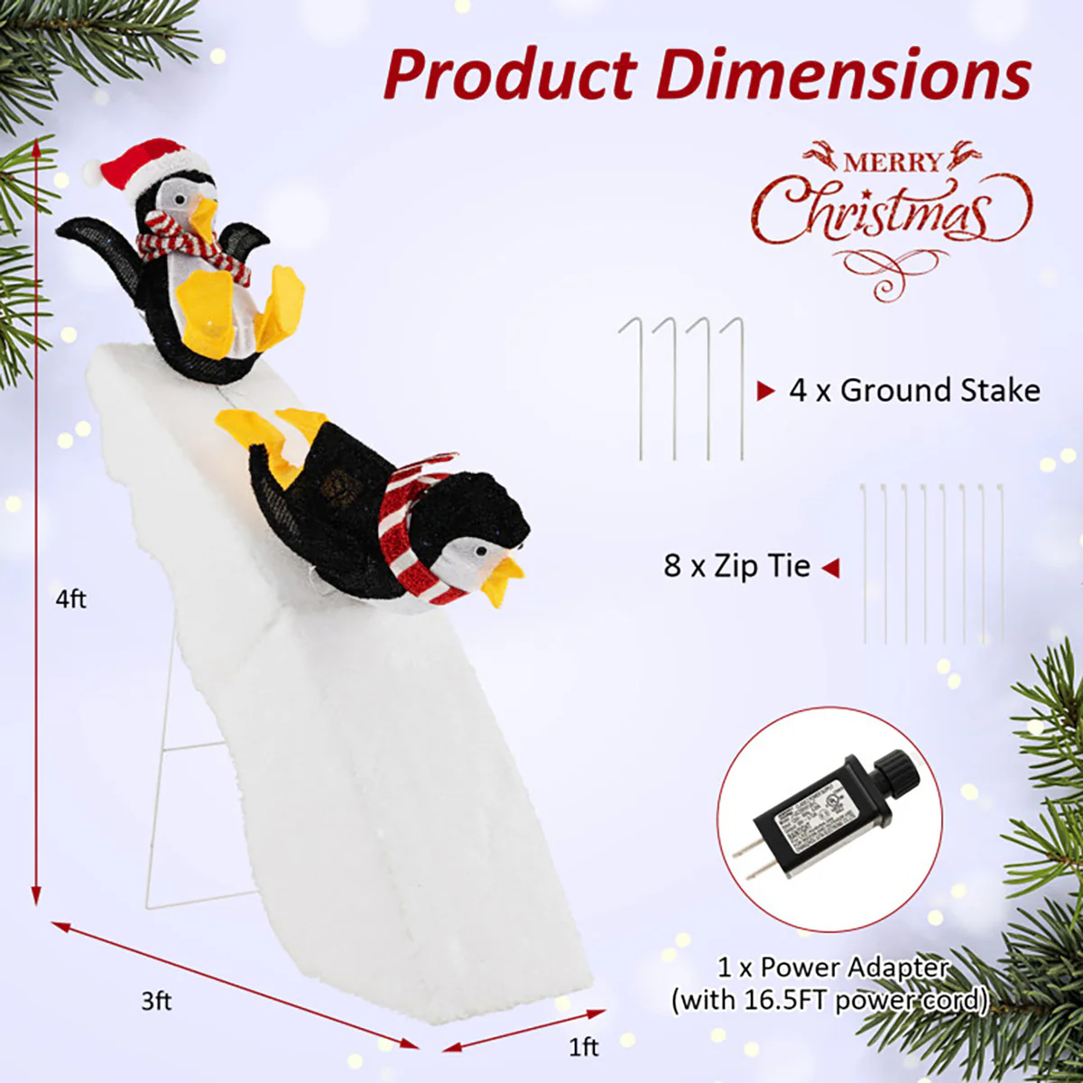 4' Pre-Lit Christmas Penguin Ice Skating Decor with Snowy Slide - Image 7
