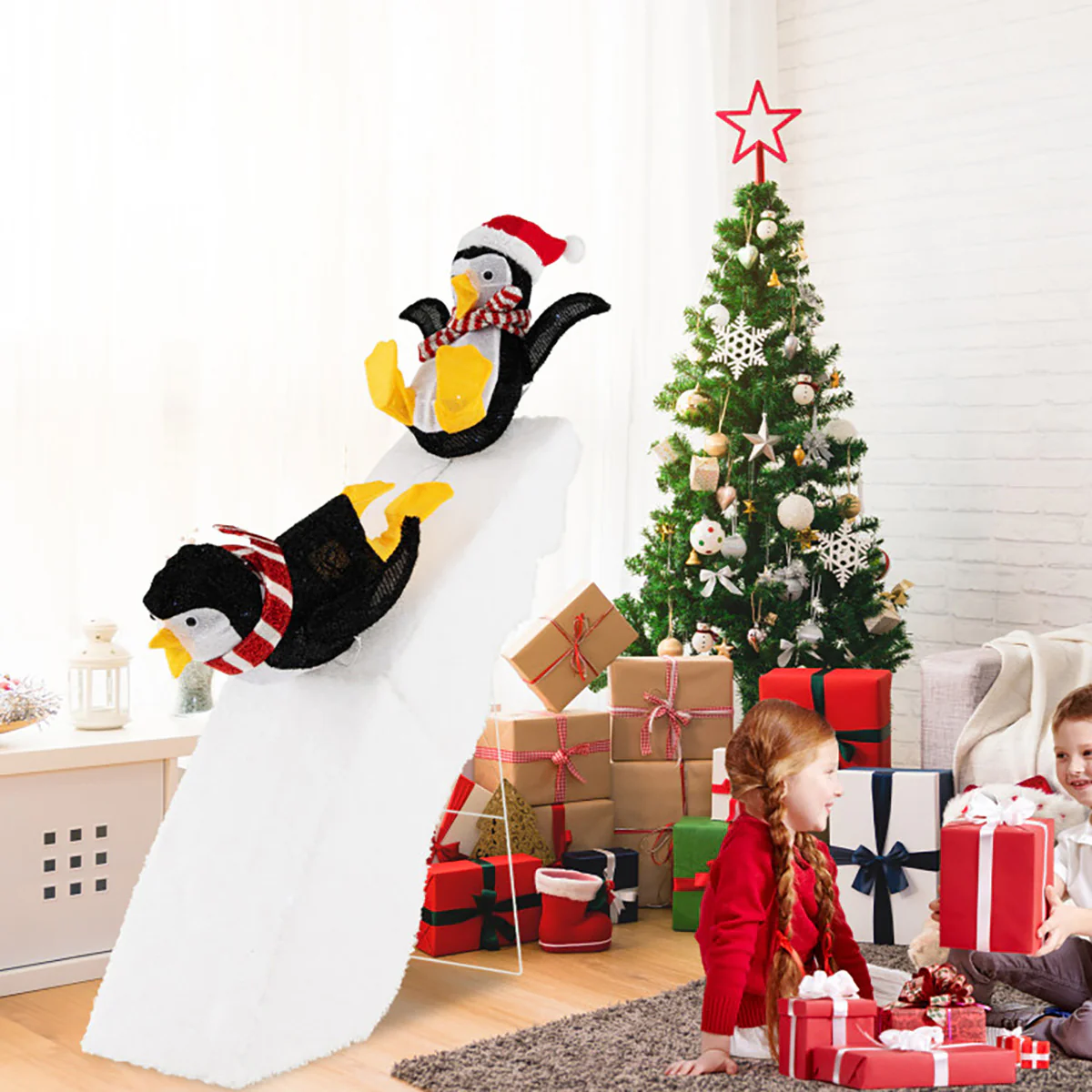 4' Pre-Lit Christmas Penguin Ice Skating Decor with Snowy Slide - Image 8