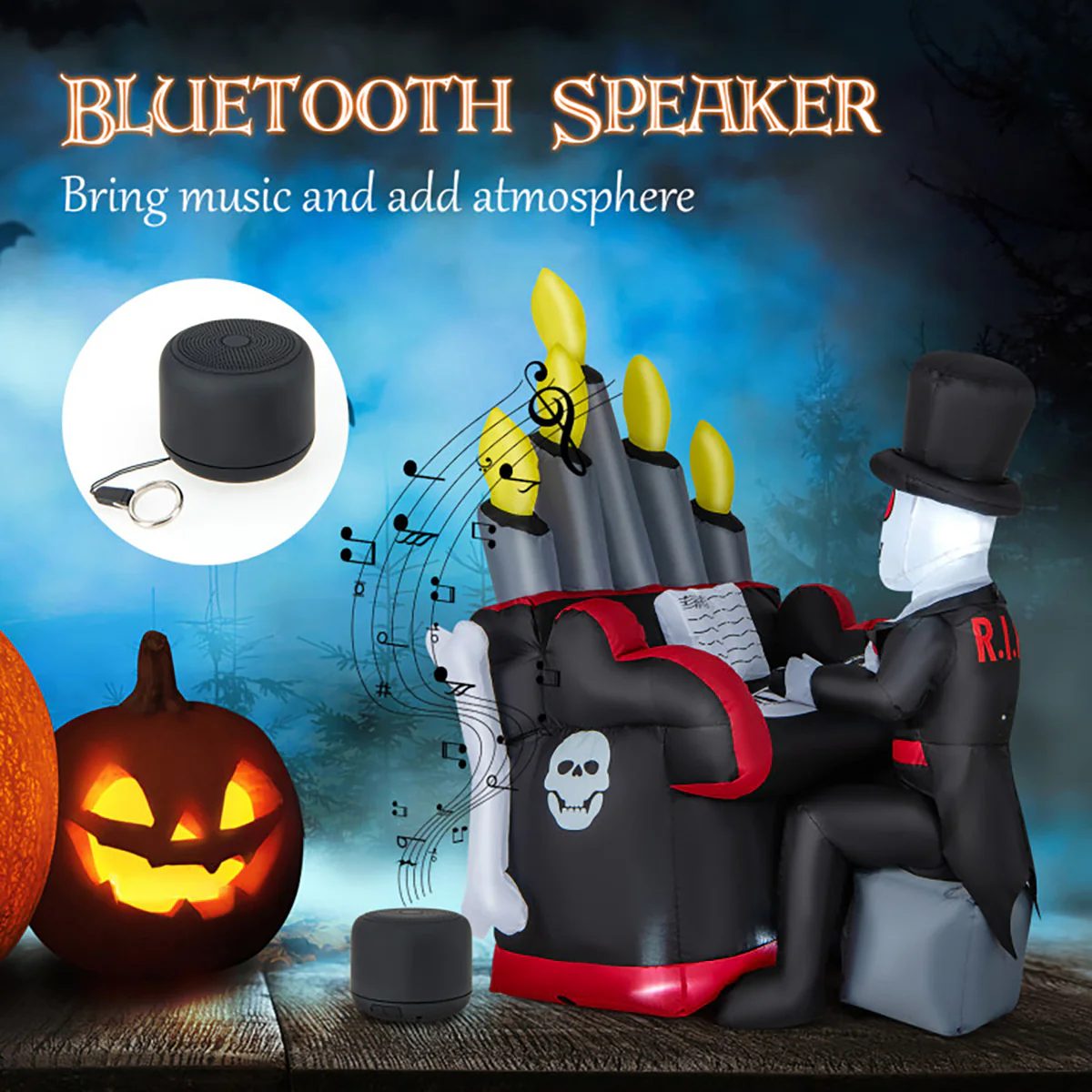 5.2' Inflatable Halloween Skeleton Playing the Piano with Bluetooth Speaker - Image 3