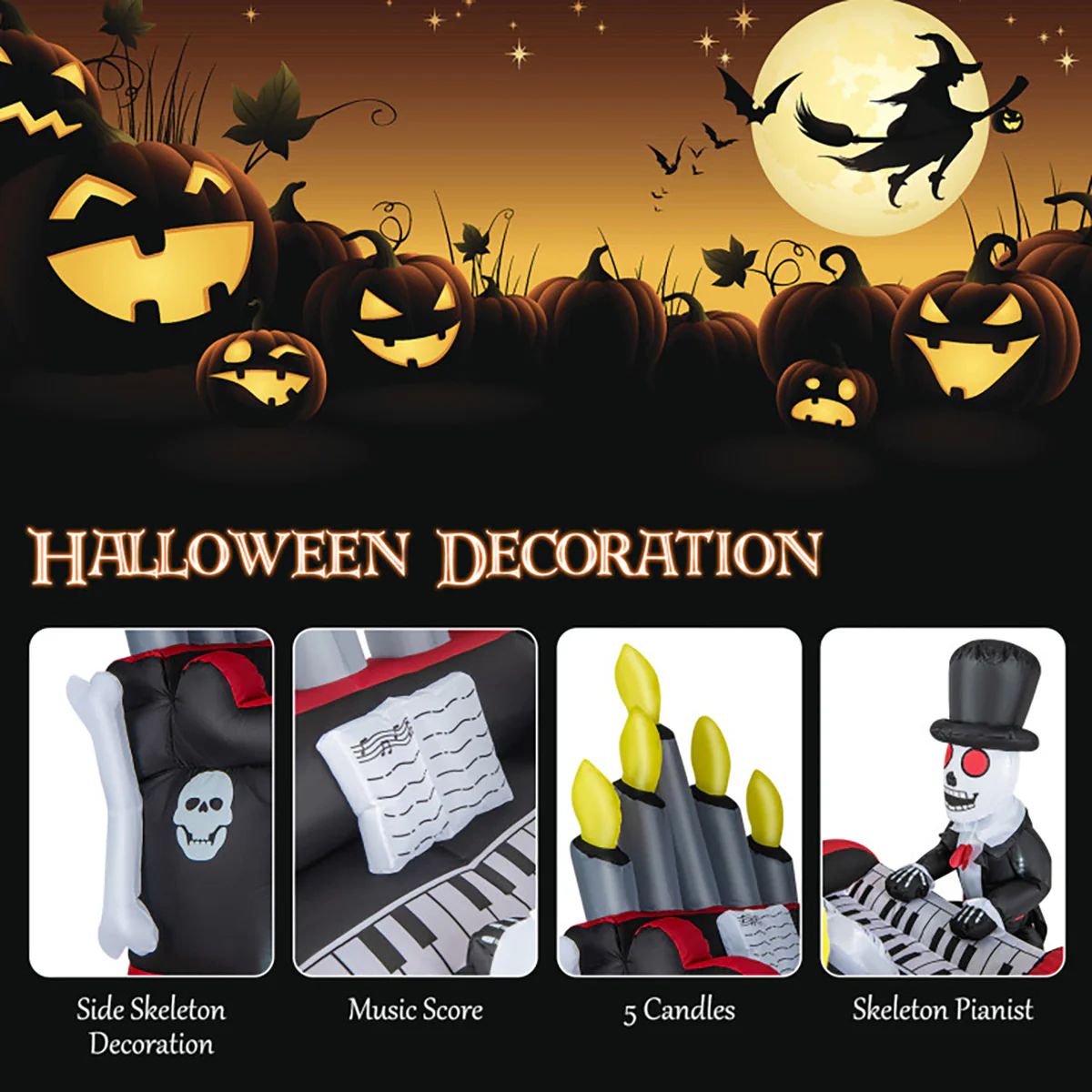 5.2' Inflatable Halloween Skeleton Playing the Piano with Bluetooth Speaker - Image 4