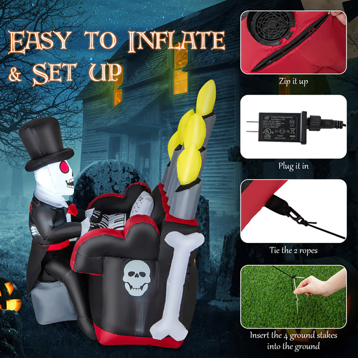 5.2' Inflatable Halloween Skeleton Playing the Piano with Bluetooth Speaker - Image 5
