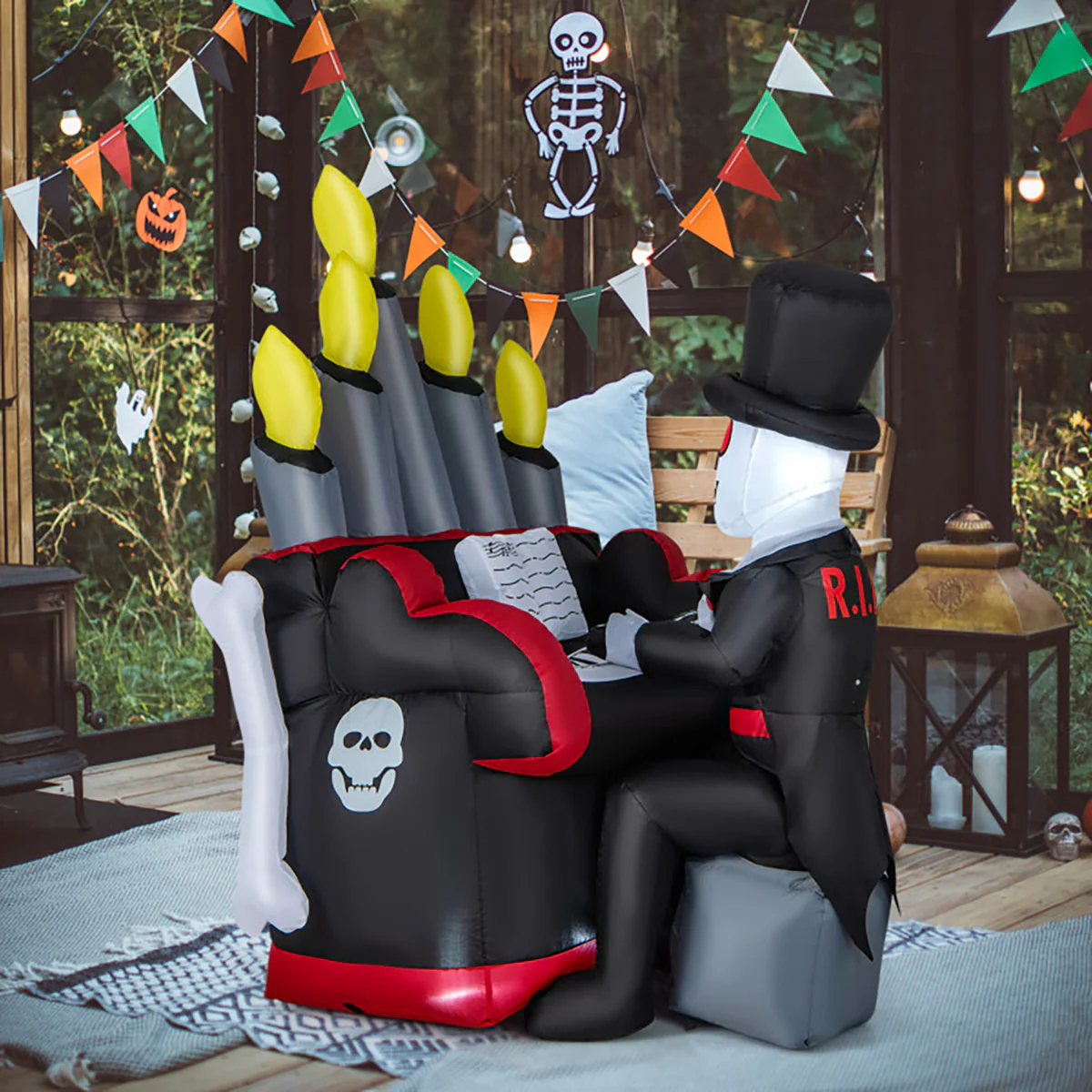 5.2' Inflatable Halloween Skeleton Playing the Piano with Bluetooth Speaker - Image 6