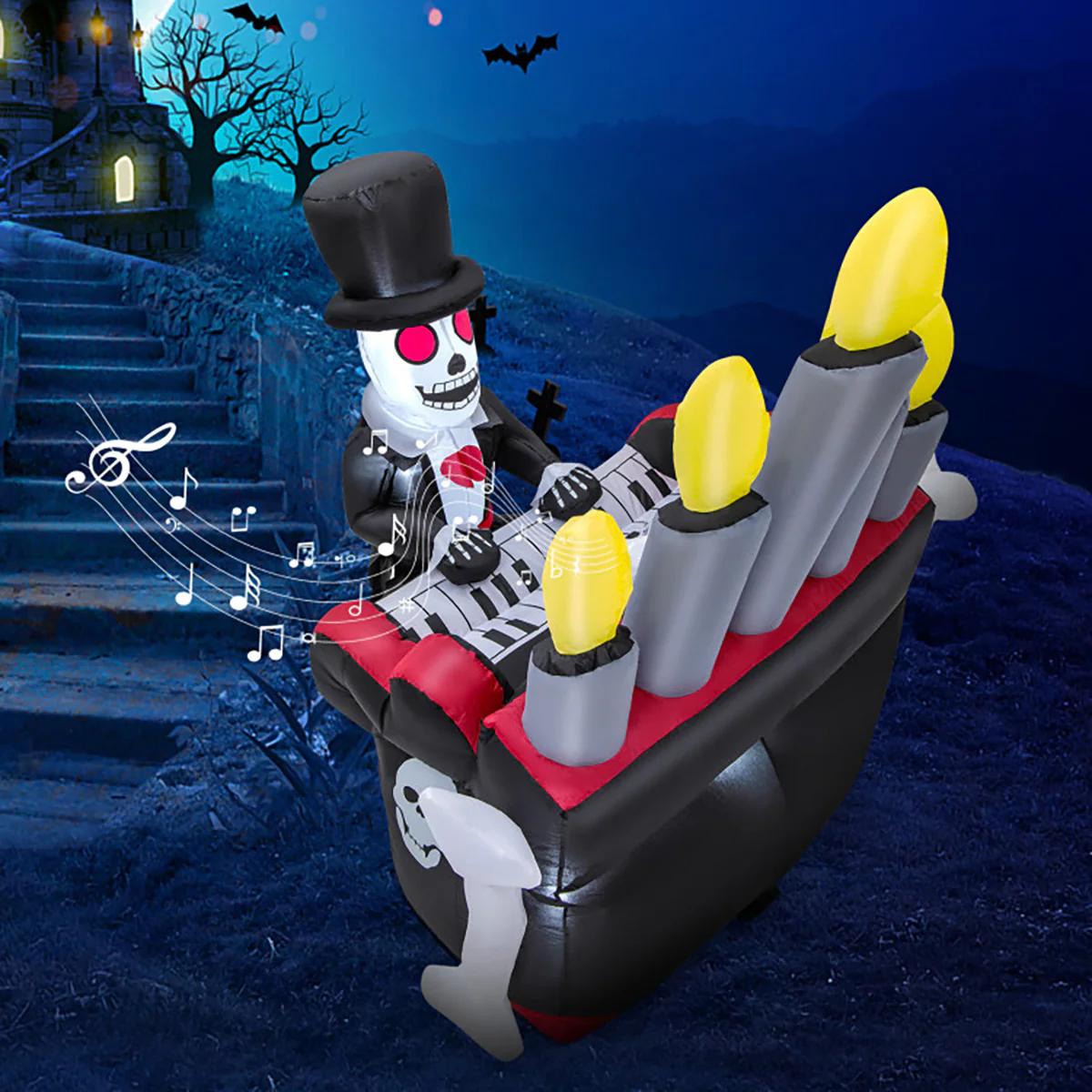5.2' Inflatable Halloween Skeleton Playing the Piano with Bluetooth Speaker - Image 7