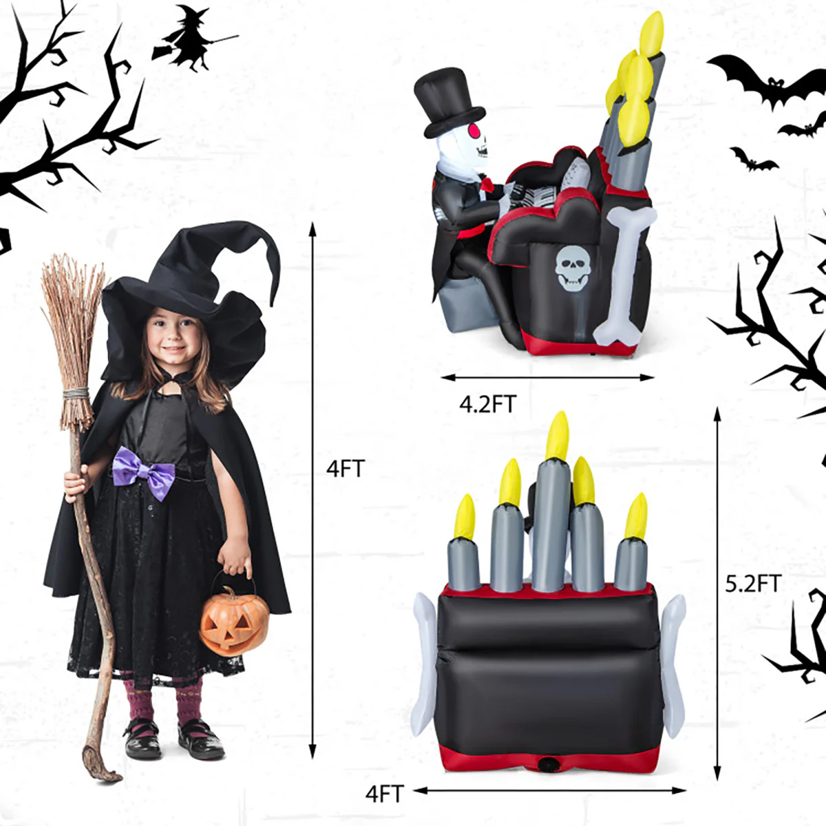 5.2' Inflatable Halloween Skeleton Playing the Piano with Bluetooth Speaker - Image 9