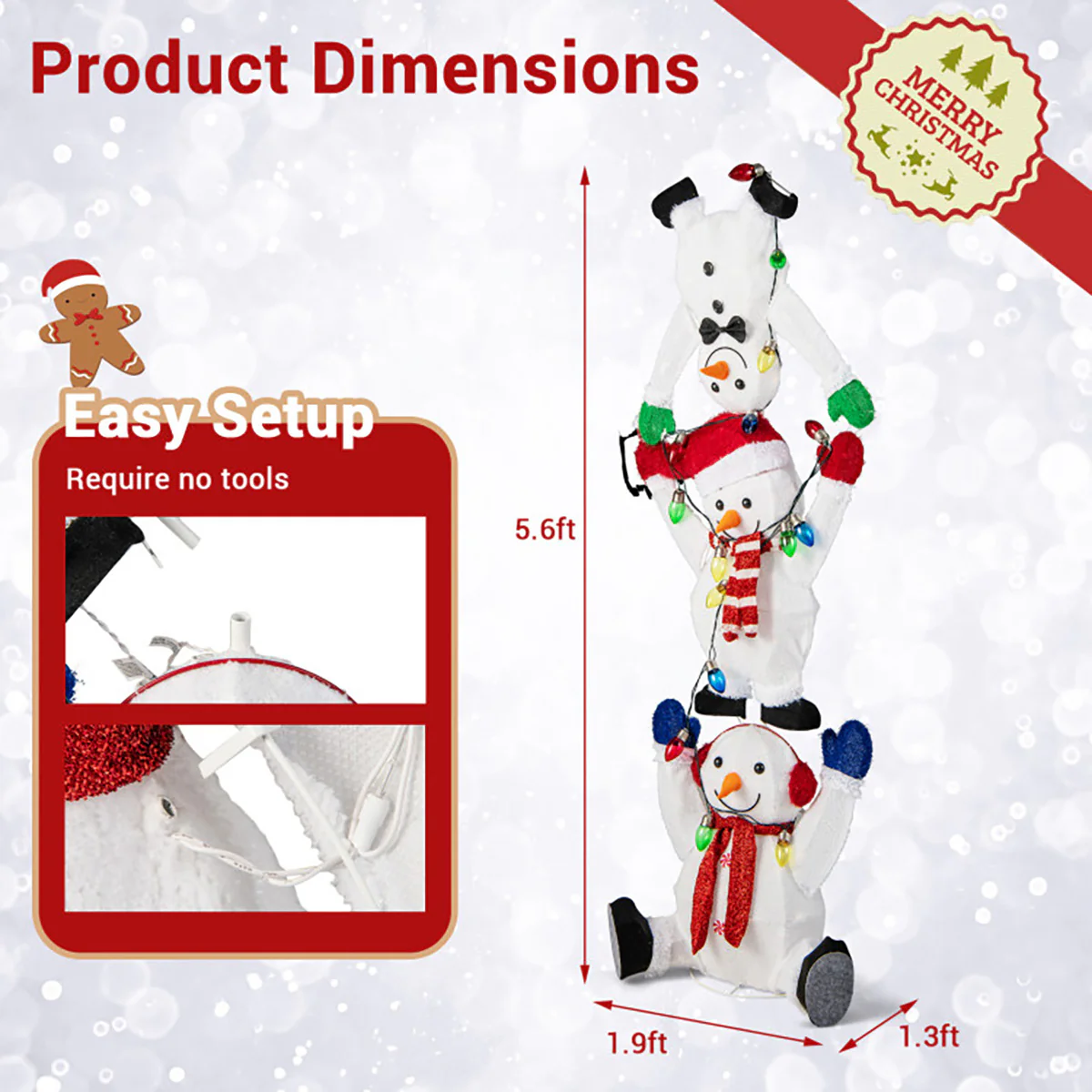 5.6' Pre-Lit Lighted Stacked Snowmen Decoration - Image 10