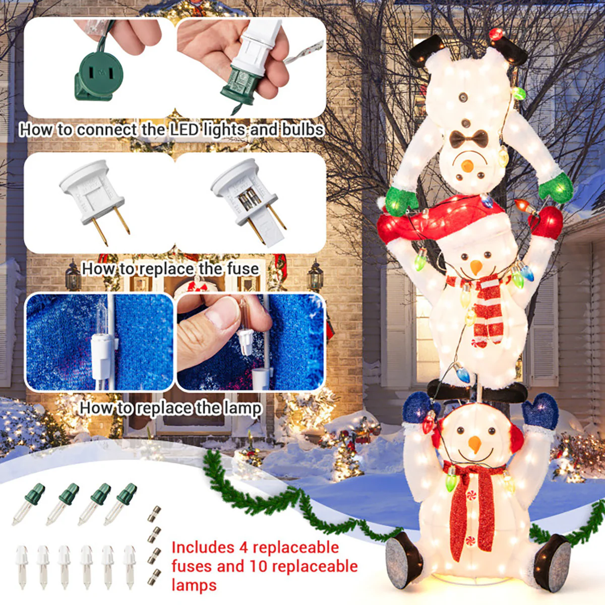 5.6' Pre-Lit Lighted Stacked Snowmen Decoration - Image 4